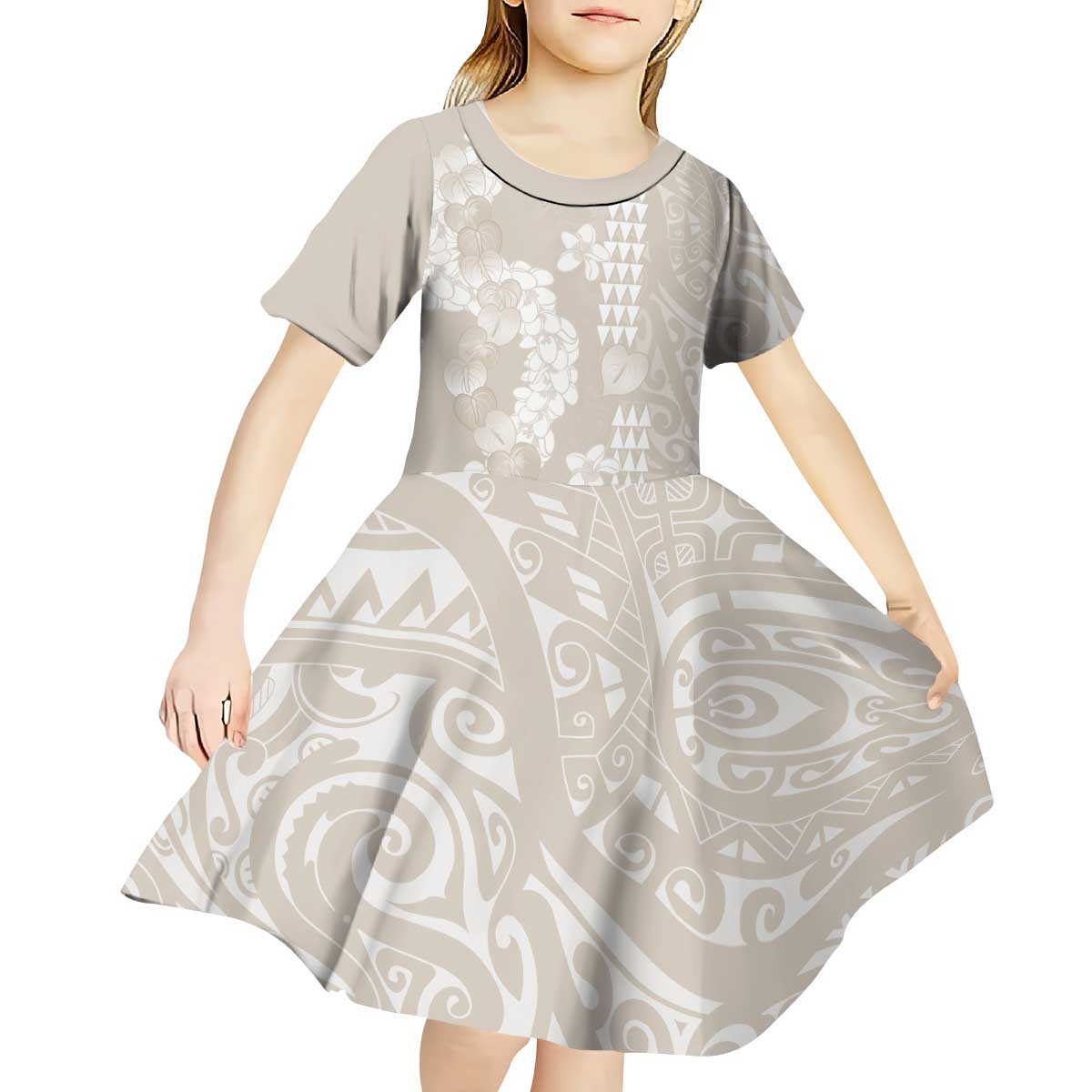 Suede Beige Hawaii Anthurium Plumeria Lei Kid Short Sleeve Dress