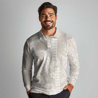 Suede Beige Hawaii Anthurium Plumeria Lei Long Sleeve Polo Shirt