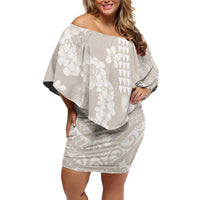 Suede Beige Hawaii Anthurium Plumeria Lei Off Shoulder Short Dress LT9 Women Beige - Polynesian Pride