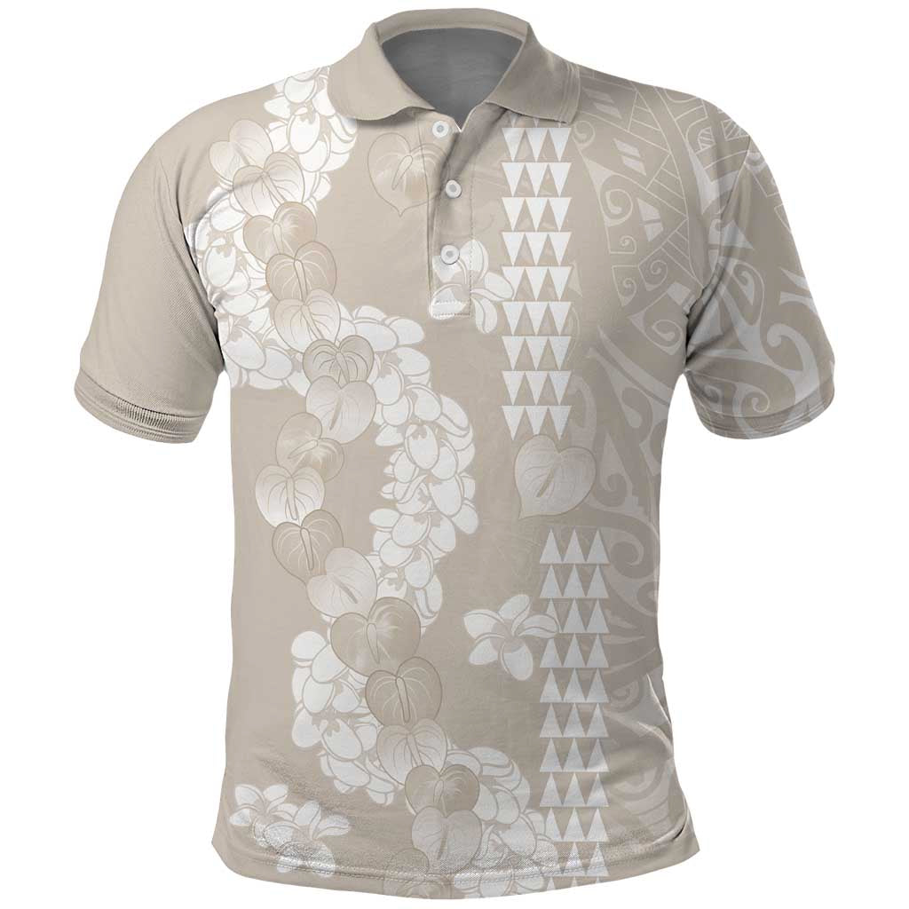 Suede Beige Hawaii Anthurium Plumeria Lei Polo Shirt