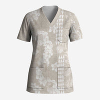 Suede Beige Hawaii Anthurium Plumeria Lei Scrub Top