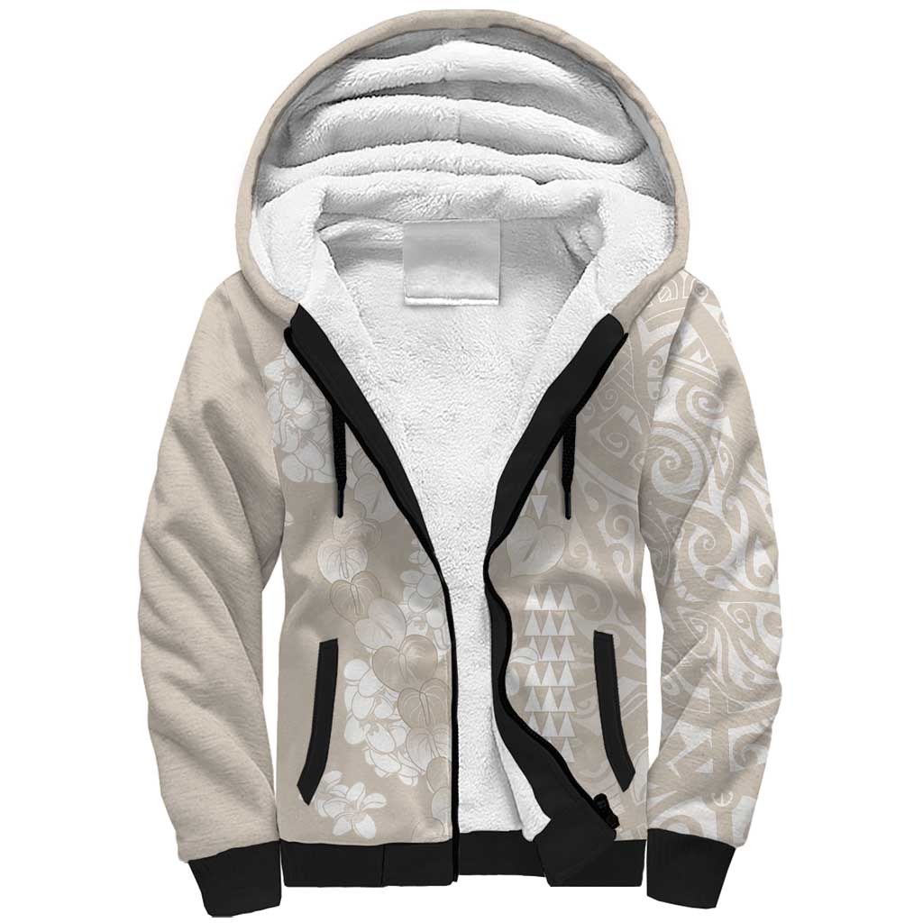 Suede Beige Hawaii Anthurium Plumeria Lei Sherpa Hoodie LT9 Unisex Beige - Polynesian Pride