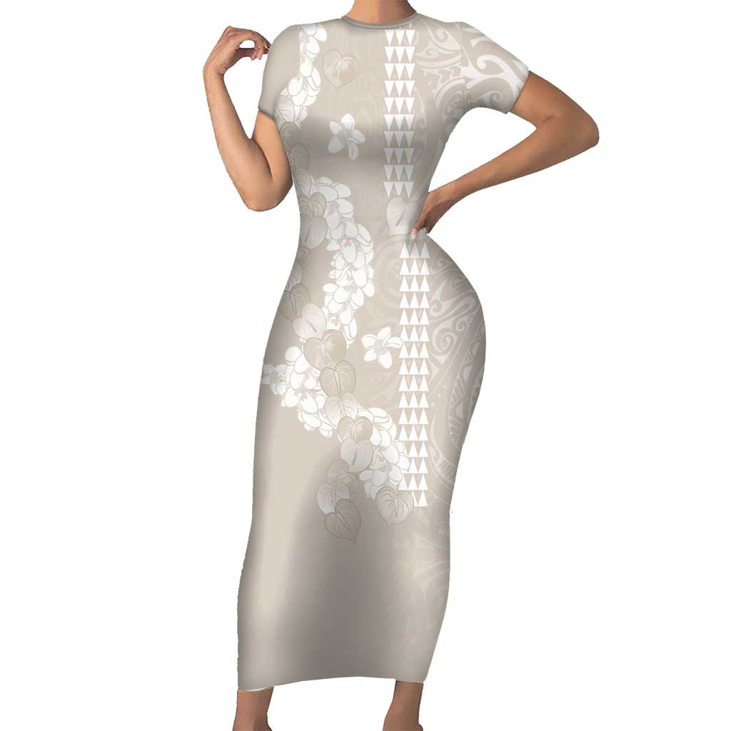 Suede Beige Hawaii Anthurium Plumeria Lei Short Sleeve Bodycon Dress LT9 Long Dress Beige - Polynesian Pride