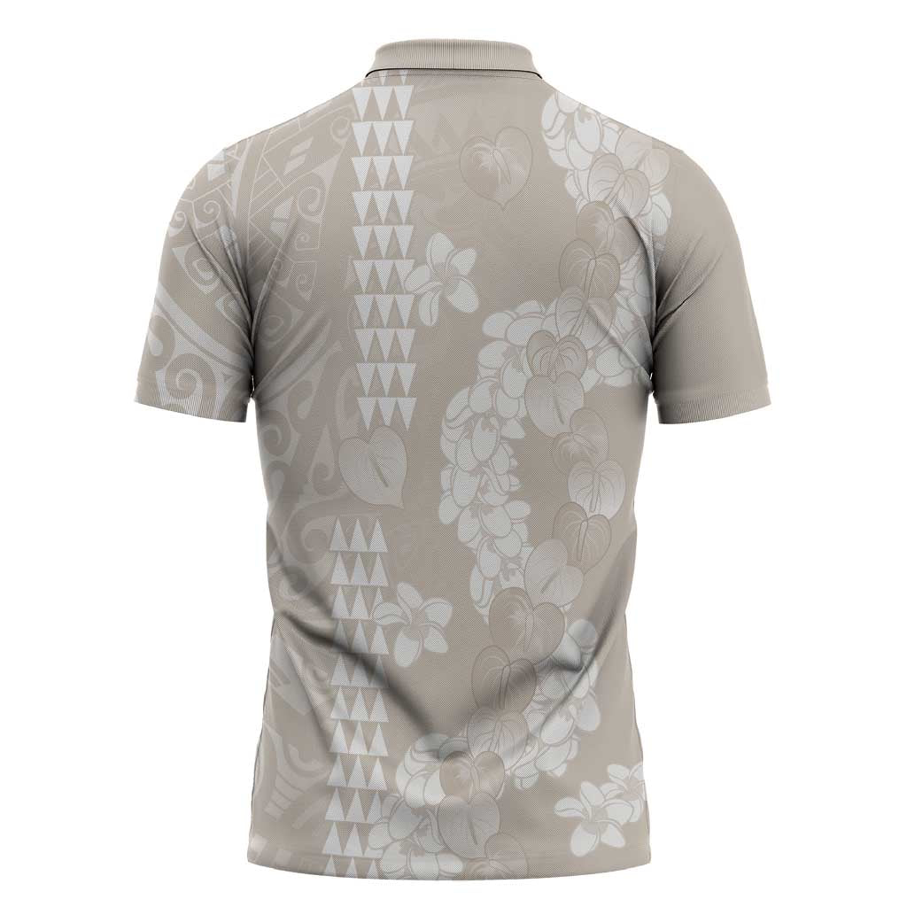 Suede Beige Hawaii Anthurium Plumeria Lei Zipper Polo Shirt LT9 - Polynesian Pride