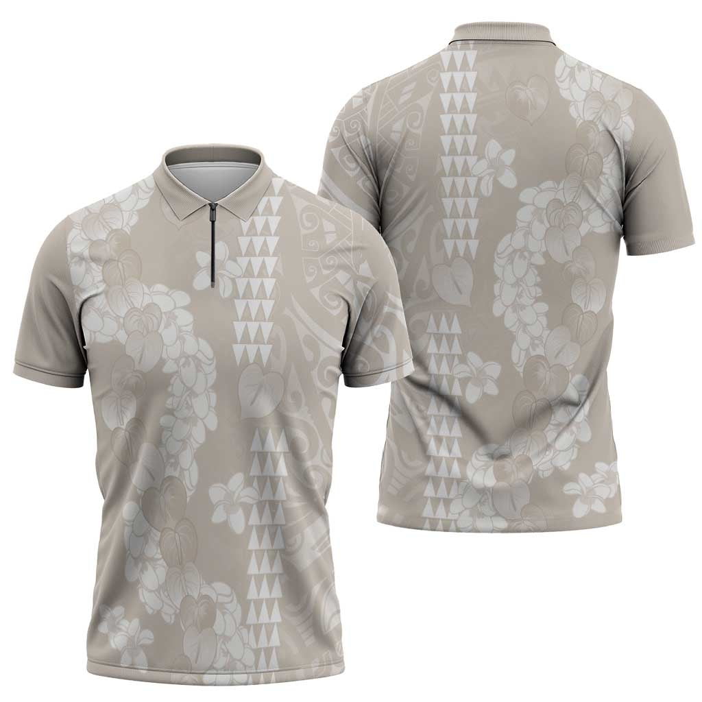 Suede Beige Hawaii Anthurium Plumeria Lei Zipper Polo Shirt LT9 - Polynesian Pride