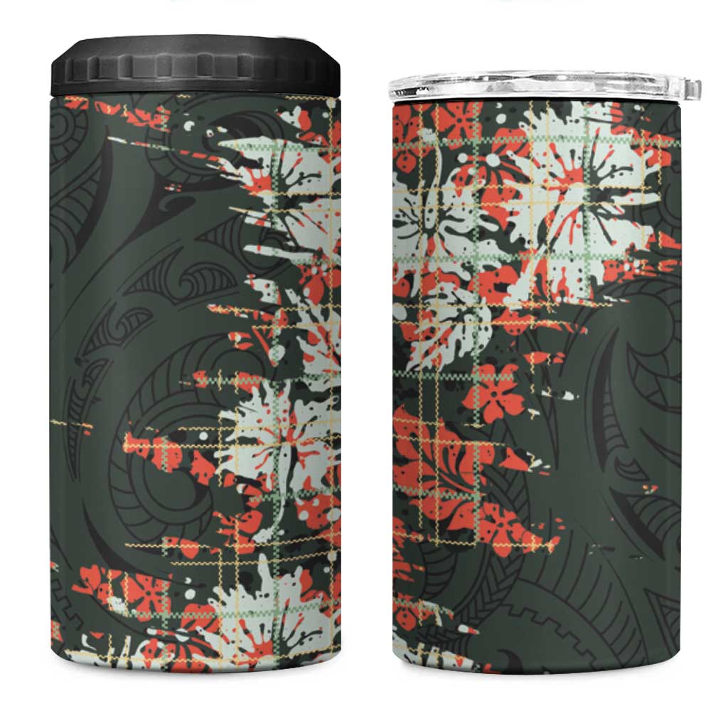 Hawaii Tartan With Hibiscus 4 in 1 Can Cooler Tumbler Polynesian Pattern Vintage