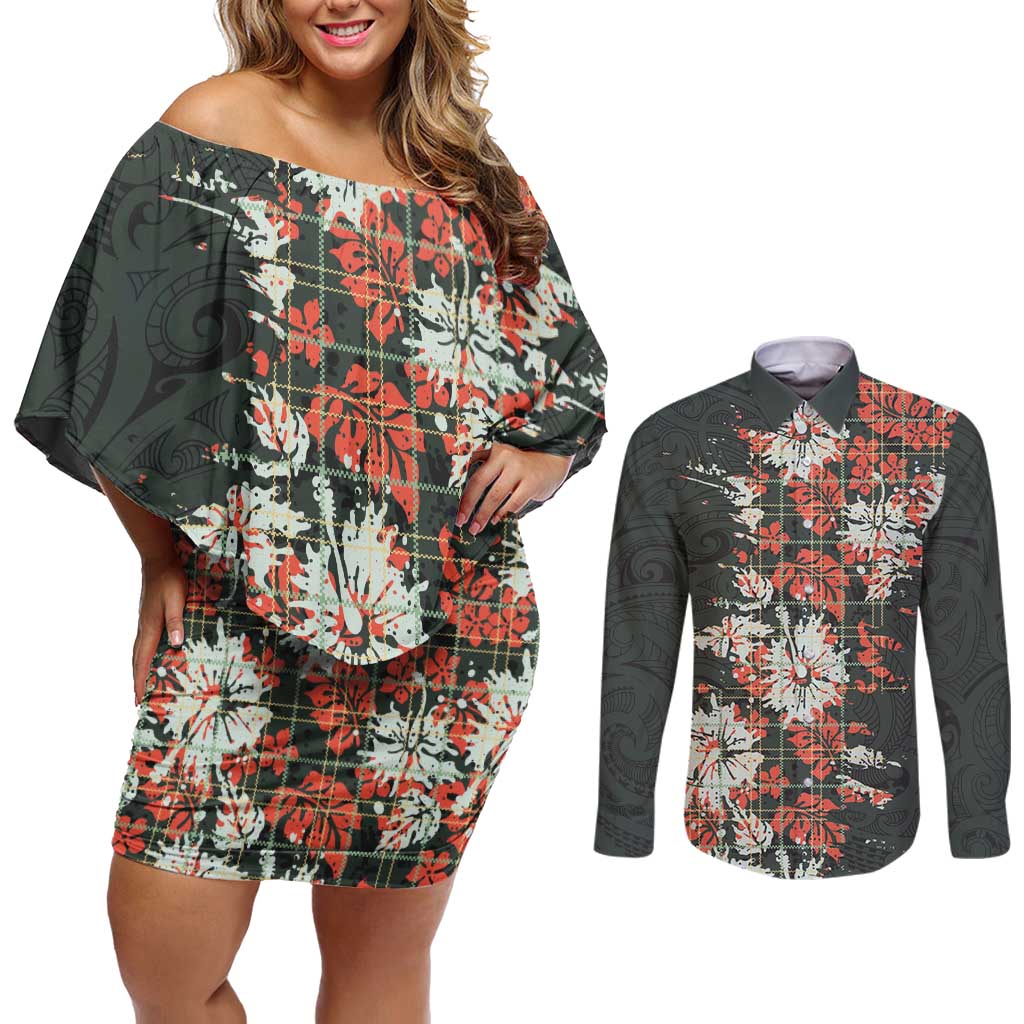 Hawaii Tartan With Hibiscus Couples Matching Off Shoulder Short Dress and Long Sleeve Button Shirt Polynesian Pattern Vintage