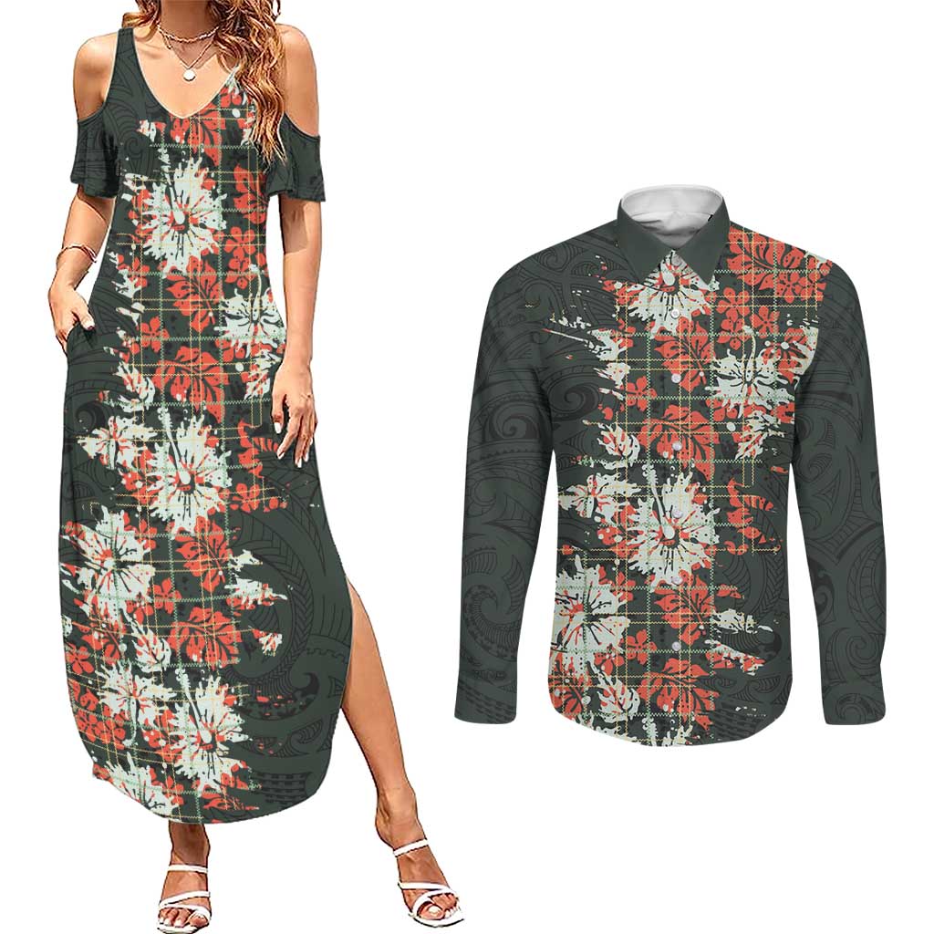 Hawaii Tartan With Hibiscus Couples Matching Summer Maxi Dress and Long Sleeve Button Shirt Polynesian Pattern Vintage