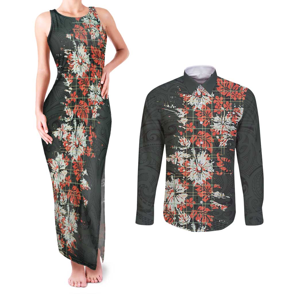 Hawaii Tartan With Hibiscus Couples Matching Tank Maxi Dress and Long Sleeve Button Shirt Polynesian Pattern Vintage