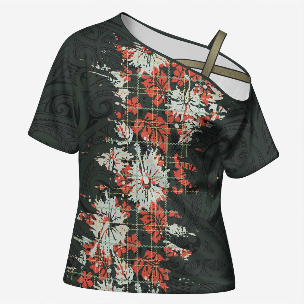 Hawaii Tartan With Hibiscus Cross Shoulder Shirt Polynesian Pattern Vintage LT9 Female Dark Green - Polynesian Pride