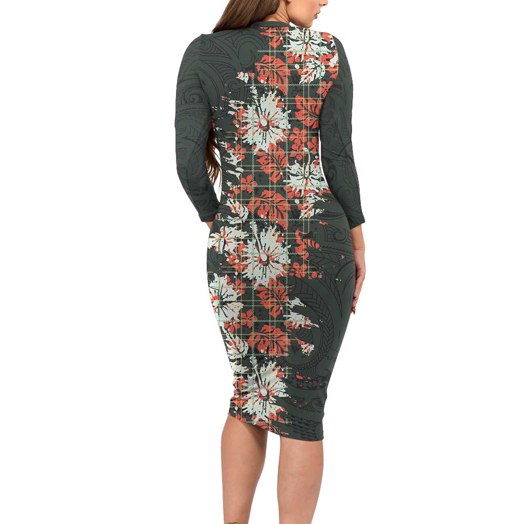 Hawaii Tartan With Hibiscus Family Matching Long Sleeve Bodycon Dress and Hawaiian Shirt Polynesian Pattern Vintage