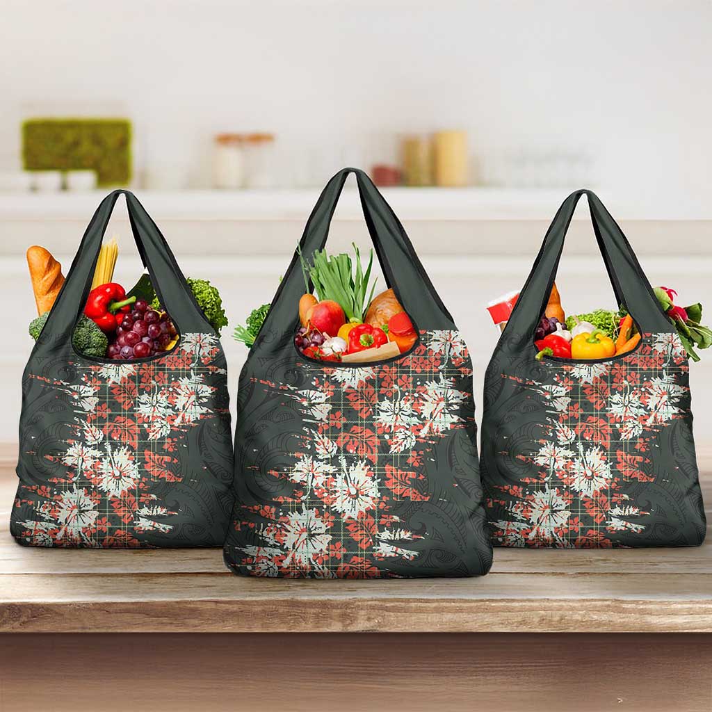 Hawaii Tartan With Hibiscus Grocery Bag Polynesian Pattern Vintage