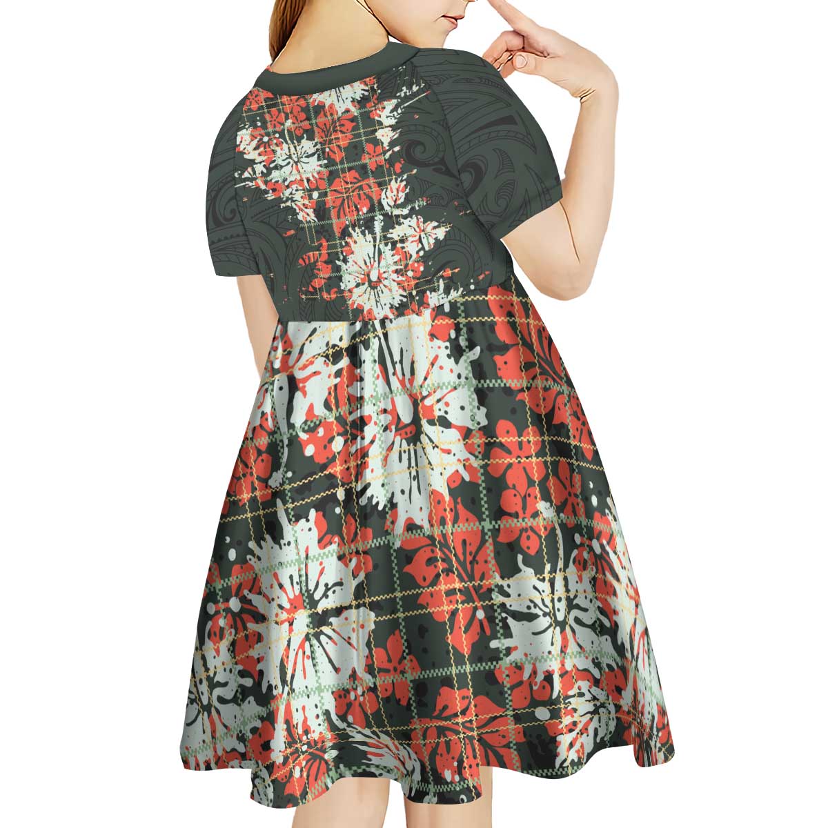Hawaii Tartan With Hibiscus Kid Short Sleeve Dress Polynesian Pattern Vintage