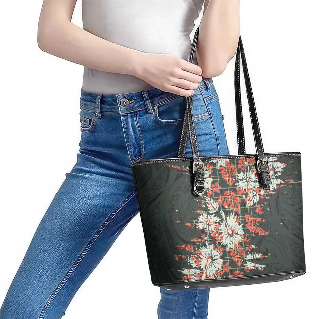 Hawaii Tartan With Hibiscus Leather Tote Bag Polynesian Pattern Vintage