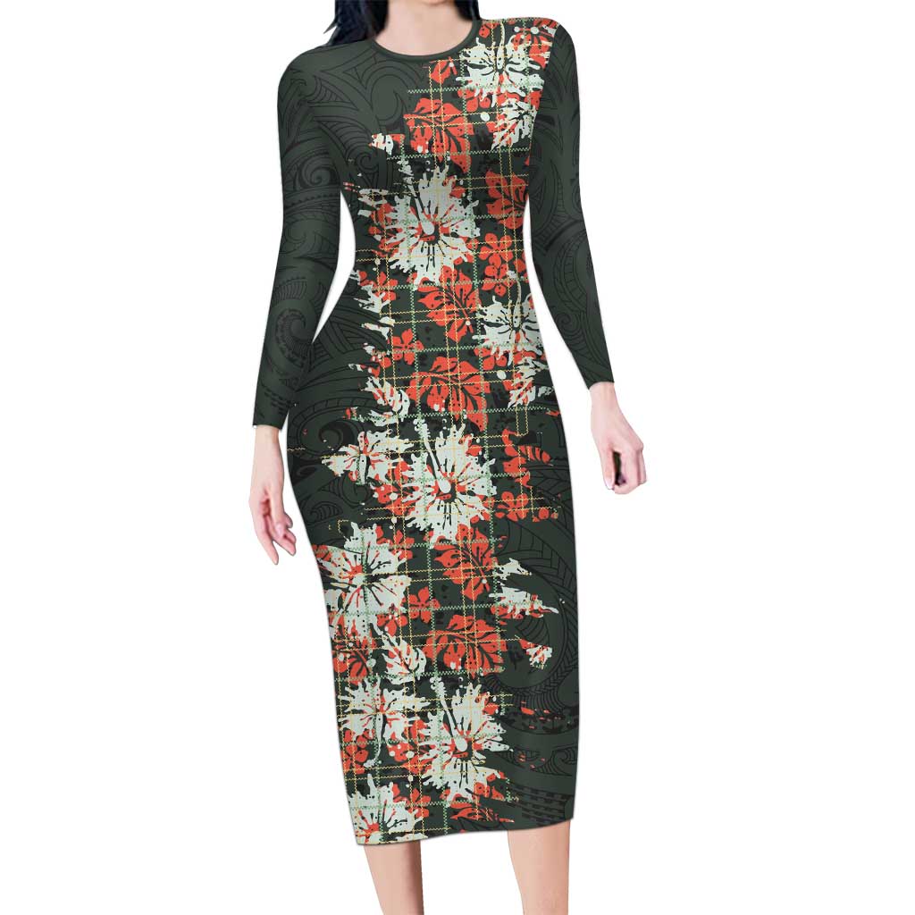 Hawaii Tartan With Hibiscus Long Sleeve Bodycon Dress Polynesian Pattern Vintage