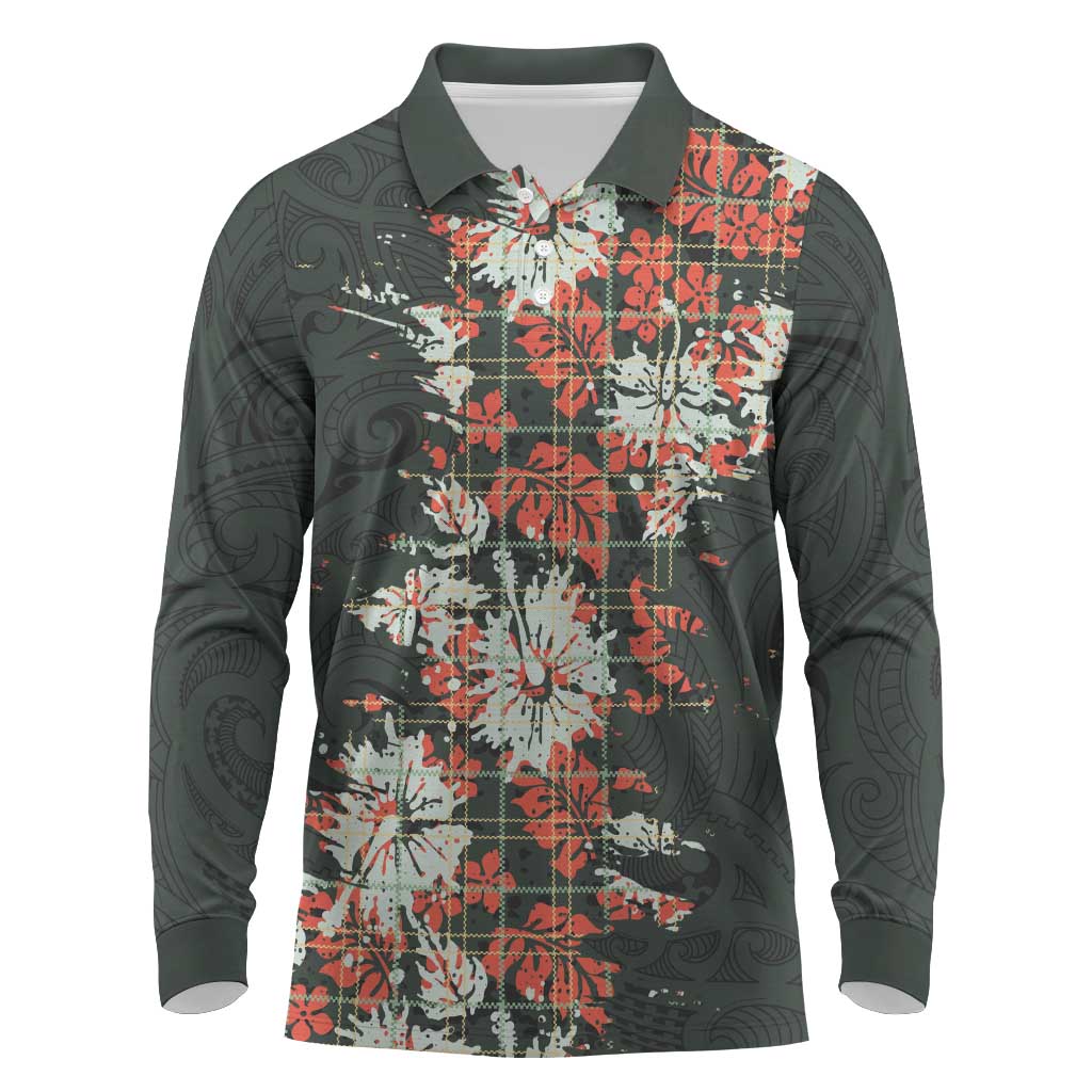 Hawaii Tartan With Hibiscus Long Sleeve Polo Shirt Polynesian Pattern Vintage