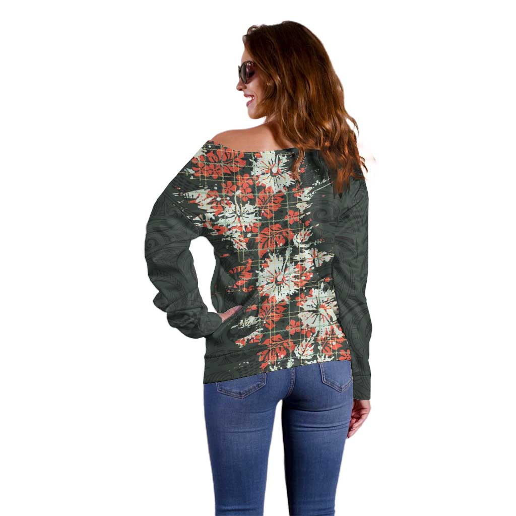 Hawaii Tartan With Hibiscus Off Shoulder Sweater Polynesian Pattern Vintage LT9 - Polynesian Pride