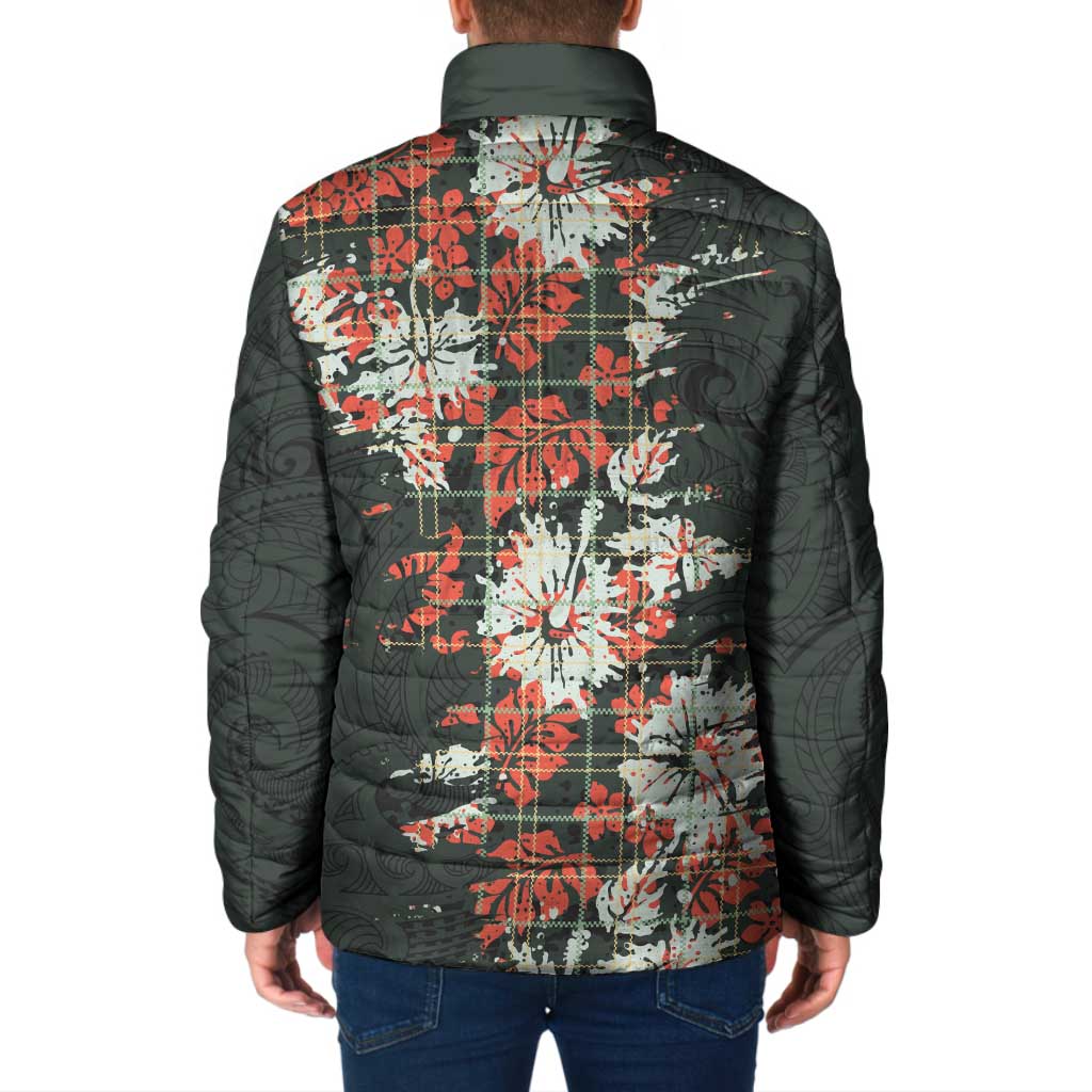 Hawaii Tartan With Hibiscus Padded Jacket Polynesian Pattern Vintage