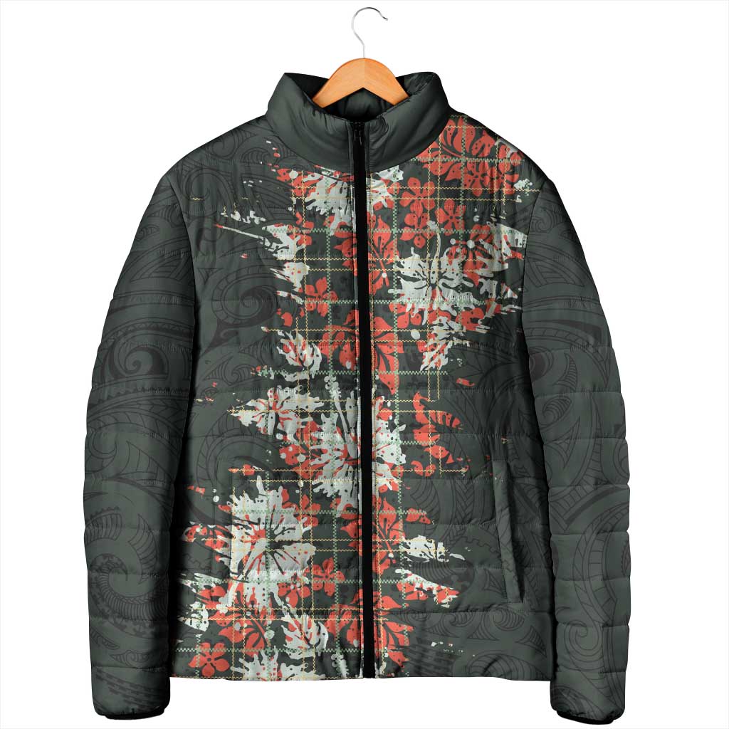 Hawaii Tartan With Hibiscus Padded Jacket Polynesian Pattern Vintage