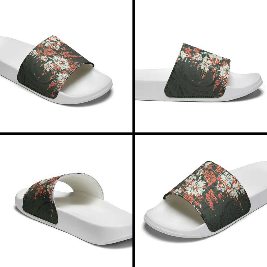 Hawaii Tartan With Hibiscus Slide Sandals Polynesian Pattern Vintage