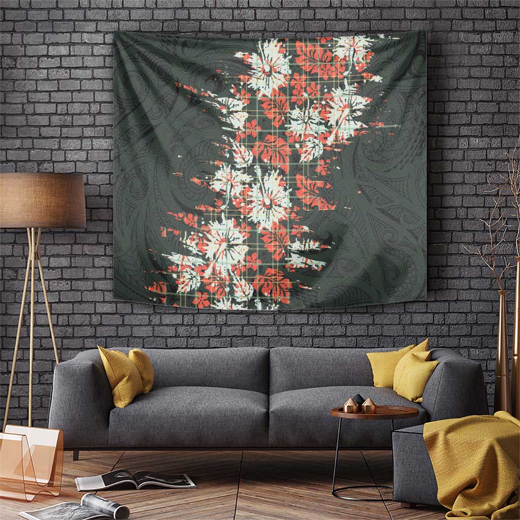 Hawaii Tartan With Hibiscus Tapestry Polynesian Pattern Vintage LT9 Dark Green - Polynesian Pride