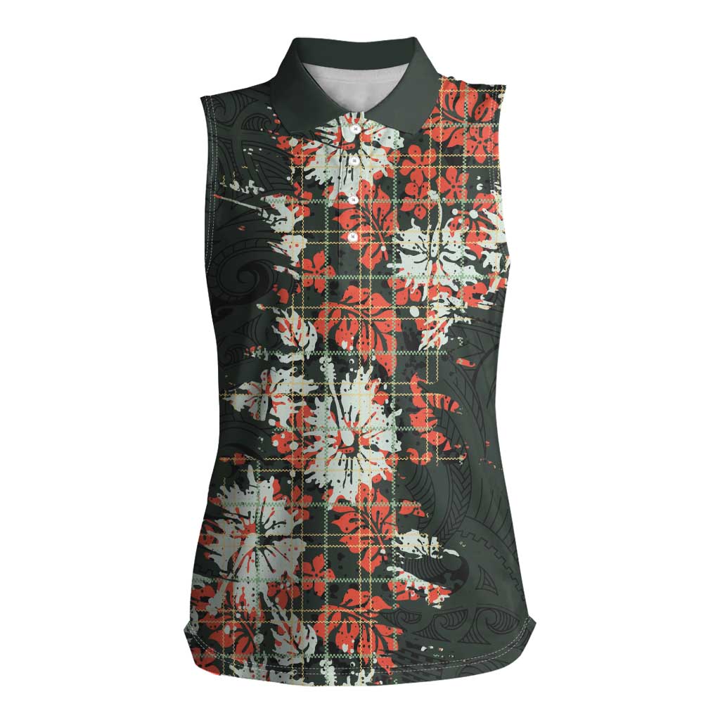 Hawaii Tartan With Hibiscus Women Sleeveless Polo Shirt Polynesian Pattern Vintage