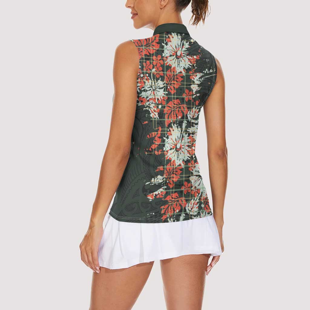 Hawaii Tartan With Hibiscus Women Sleeveless Polo Shirt Polynesian Pattern Vintage