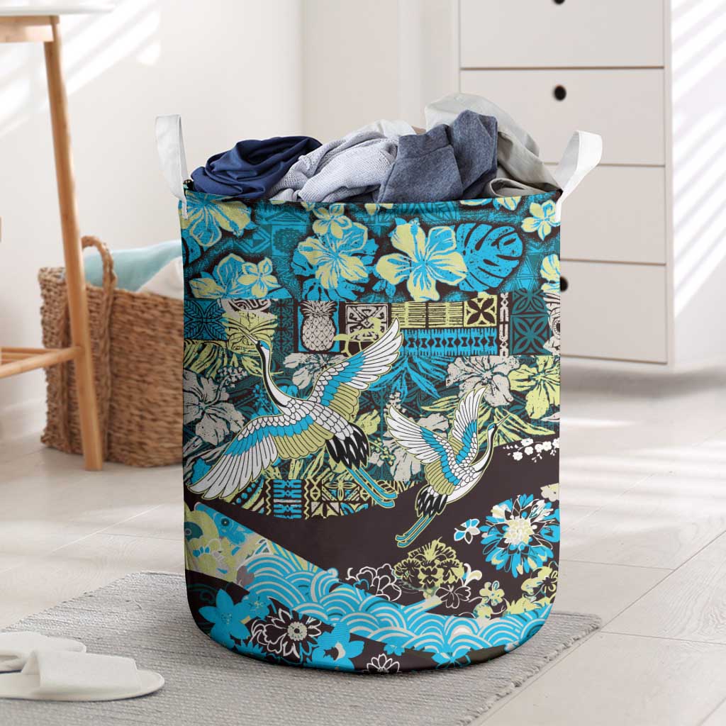 Japanese Hawaiian Crane Laundry Basket Blue Tapa Patchwork Pattern