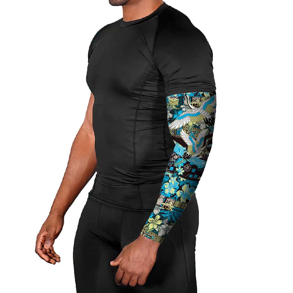 Japanese Hawaiian Crane Arm Sleeves Blue Tapa Patchwork Pattern LT9 - Polynesian Pride