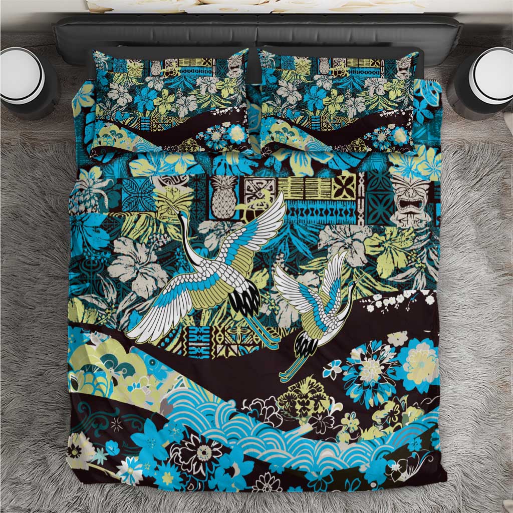 Japanese Hawaiian Crane Bedding Set Blue Tapa Patchwork Pattern