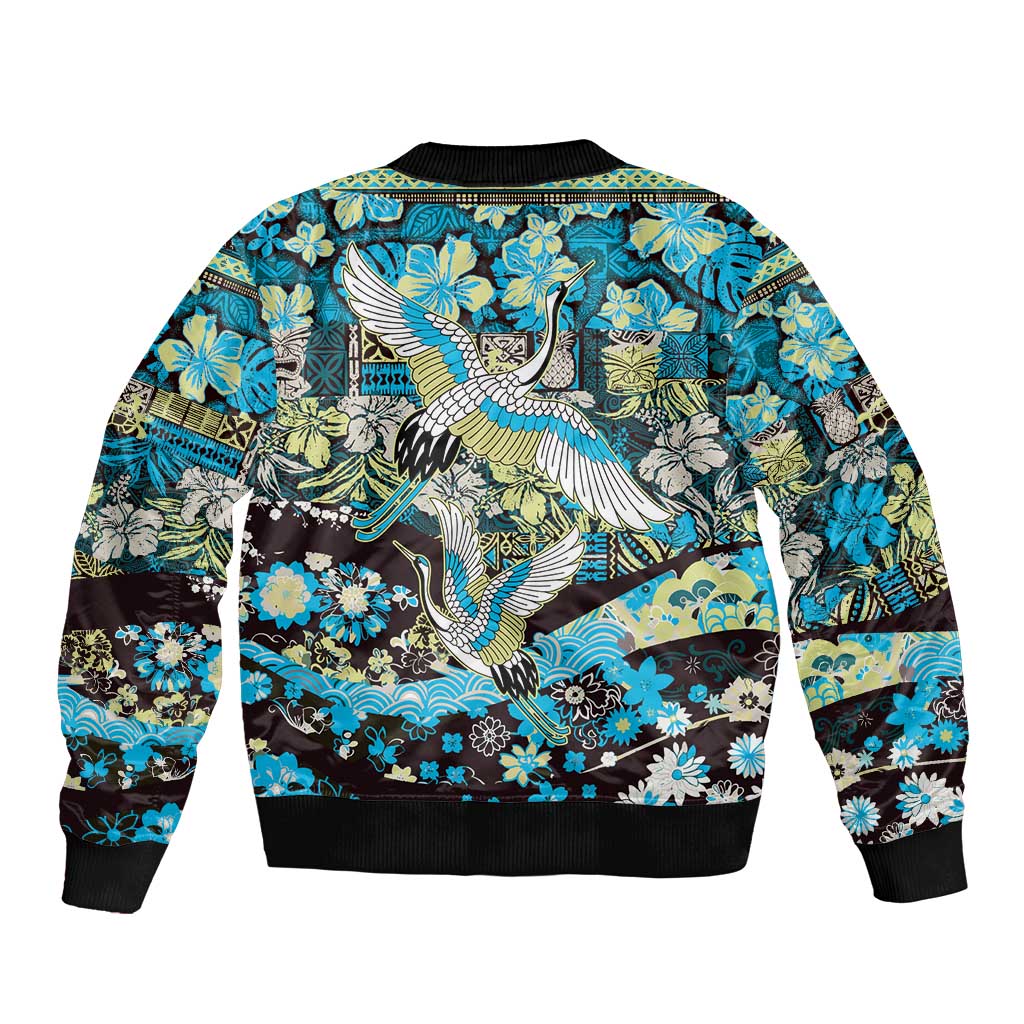 Japanese Hawaiian Crane Bomber Jacket Blue Tapa Patchwork Pattern LT9 - Polynesian Pride