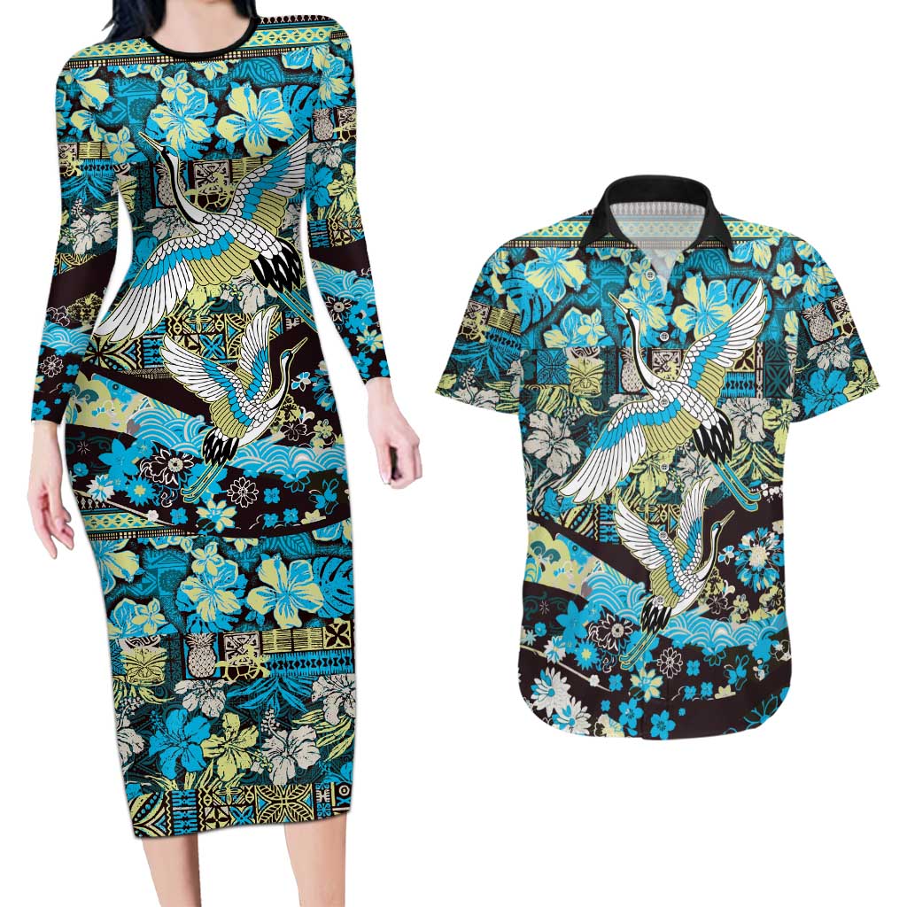 Japanese Hawaiian Crane Couples Matching Long Sleeve Bodycon Dress and Hawaiian Shirt Blue Tapa Patchwork Pattern