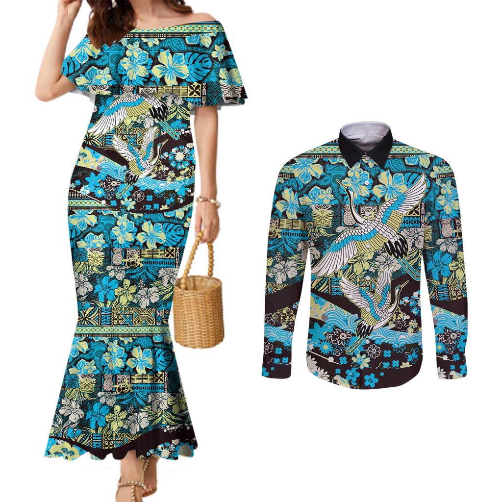 Japanese Hawaiian Crane Couples Matching Mermaid Dress and Long Sleeve Button Shirt Blue Tapa Patchwork Pattern