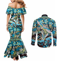 Japanese Hawaiian Crane Couples Matching Mermaid Dress and Long Sleeve Button Shirt Blue Tapa Patchwork Pattern