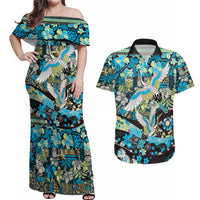 Japanese Hawaiian Crane Couples Matching Off Shoulder Maxi Dress and Hawaiian Shirt Blue Tapa Patchwork Pattern