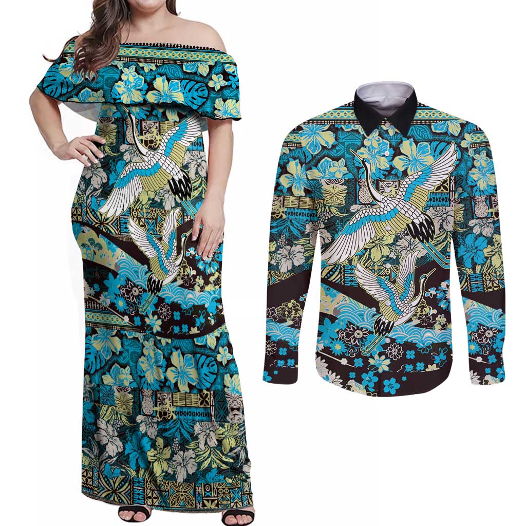 Japanese Hawaiian Crane Couples Matching Off Shoulder Maxi Dress and Long Sleeve Button Shirt Blue Tapa Patchwork Pattern