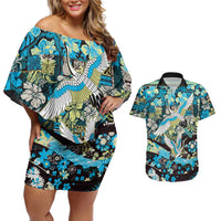 Japanese Hawaiian Crane Couples Matching Off Shoulder Short Dress and Hawaiian Shirt Blue Tapa Patchwork Pattern