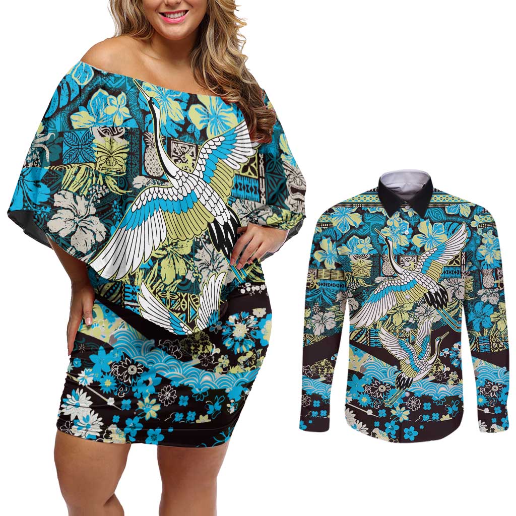 Japanese Hawaiian Crane Couples Matching Off Shoulder Short Dress and Long Sleeve Button Shirt Blue Tapa Patchwork Pattern