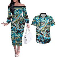Japanese Hawaiian Crane Couples Matching Off The Shoulder Long Sleeve Dress and Hawaiian Shirt Blue Tapa Patchwork Pattern