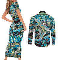 Japanese Hawaiian Crane Couples Matching Short Sleeve Bodycon Dress and Long Sleeve Button Shirt Blue Tapa Patchwork Pattern