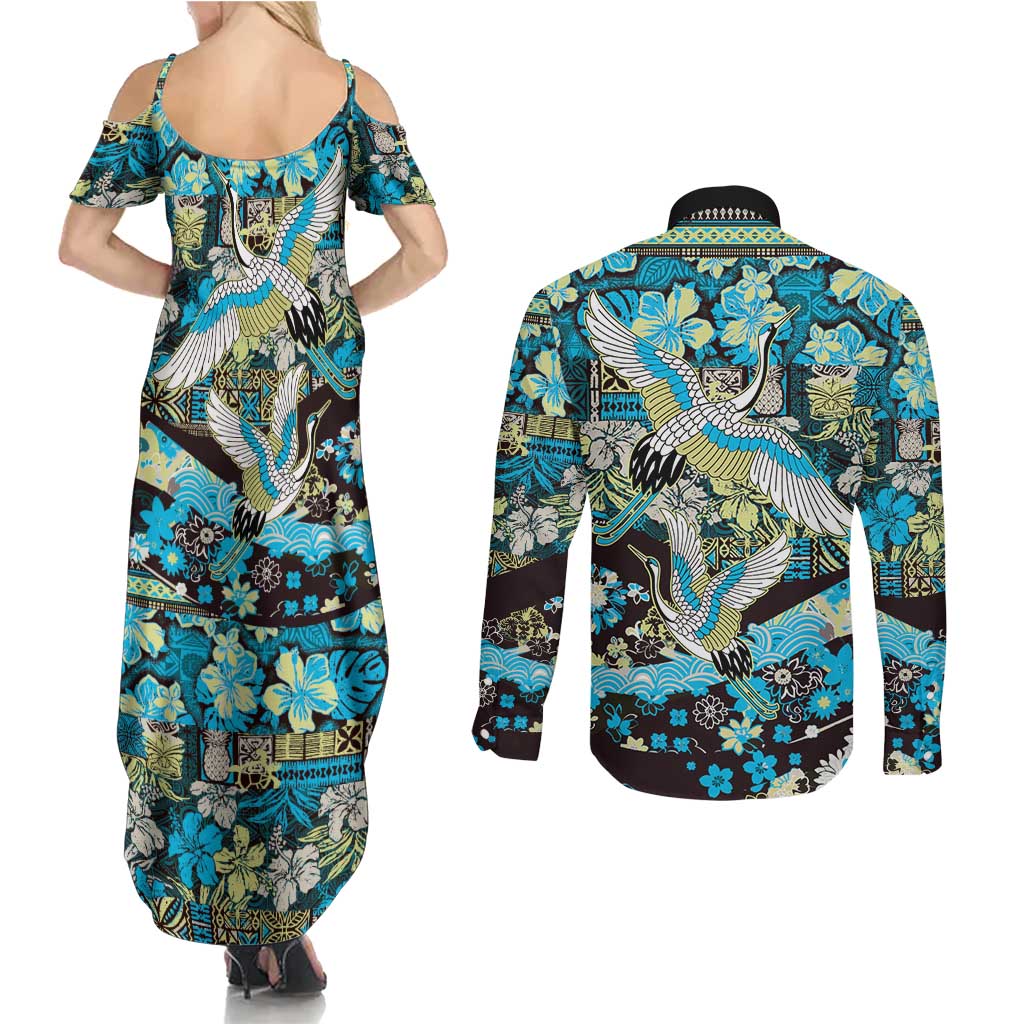 Japanese Hawaiian Crane Couples Matching Summer Maxi Dress and Long Sleeve Button Shirt Blue Tapa Patchwork Pattern