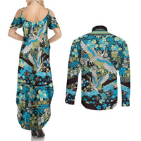 Japanese Hawaiian Crane Couples Matching Summer Maxi Dress and Long Sleeve Button Shirt Blue Tapa Patchwork Pattern