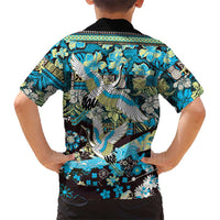 Japanese Hawaiian Crane Family Matching Mermaid Dress and Hawaiian Shirt Blue Tapa Patchwork Pattern