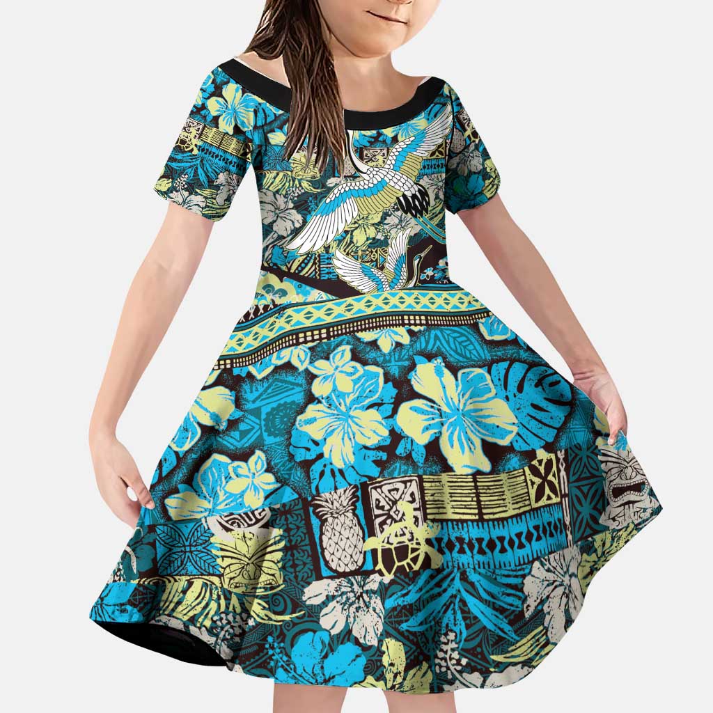 Japanese Hawaiian Crane Family Matching Mermaid Dress and Hawaiian Shirt Blue Tapa Patchwork Pattern