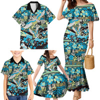 Japanese Hawaiian Crane Family Matching Mermaid Dress and Hawaiian Shirt Blue Tapa Patchwork Pattern