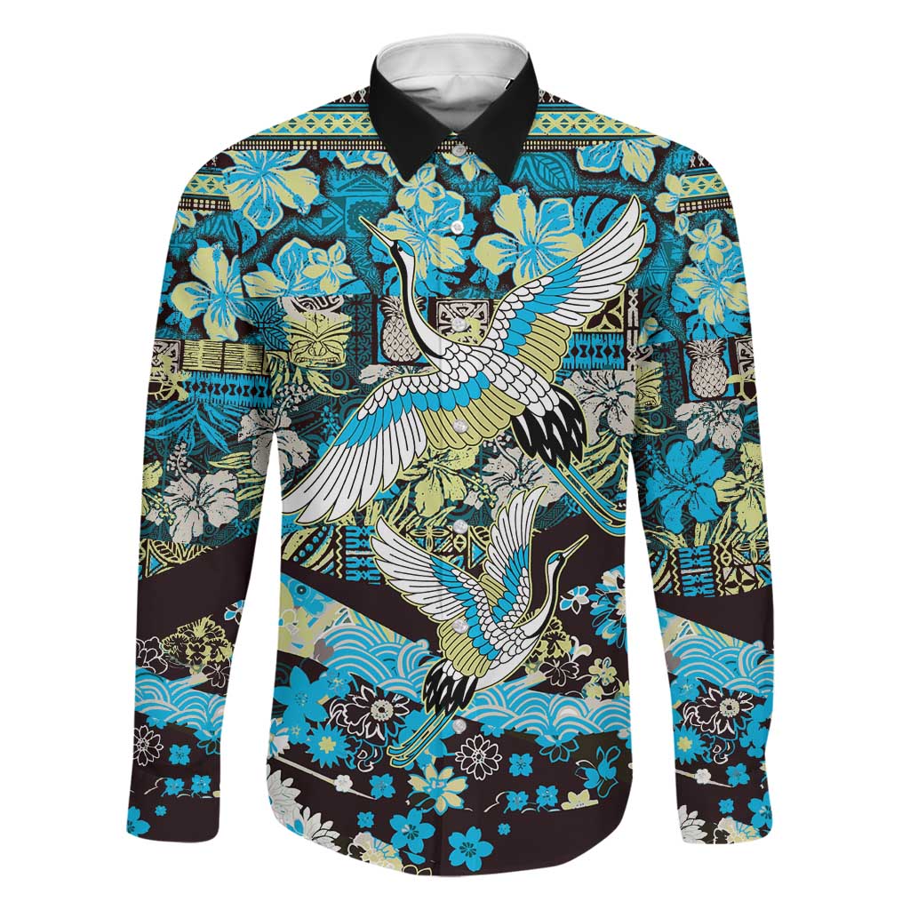 Japanese Hawaiian Crane Family Matching Mermaid Dress and Hawaiian Shirt Blue Tapa Patchwork Pattern