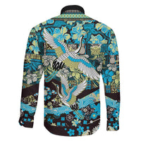 Japanese Hawaiian Crane Family Matching Mermaid Dress and Hawaiian Shirt Blue Tapa Patchwork Pattern