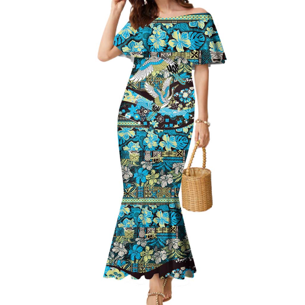 Japanese Hawaiian Crane Family Matching Mermaid Dress and Hawaiian Shirt Blue Tapa Patchwork Pattern
