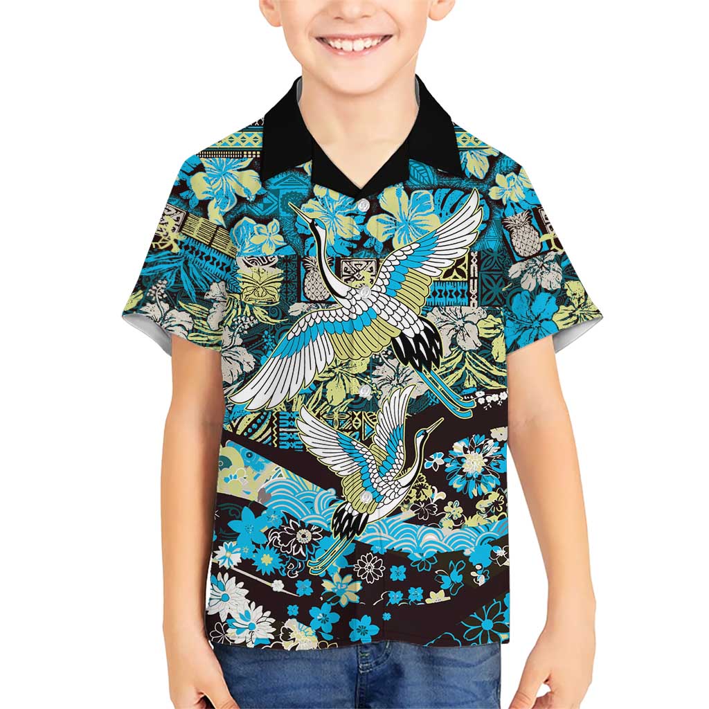 Japanese Hawaiian Crane Family Matching Mermaid Dress and Hawaiian Shirt Blue Tapa Patchwork Pattern