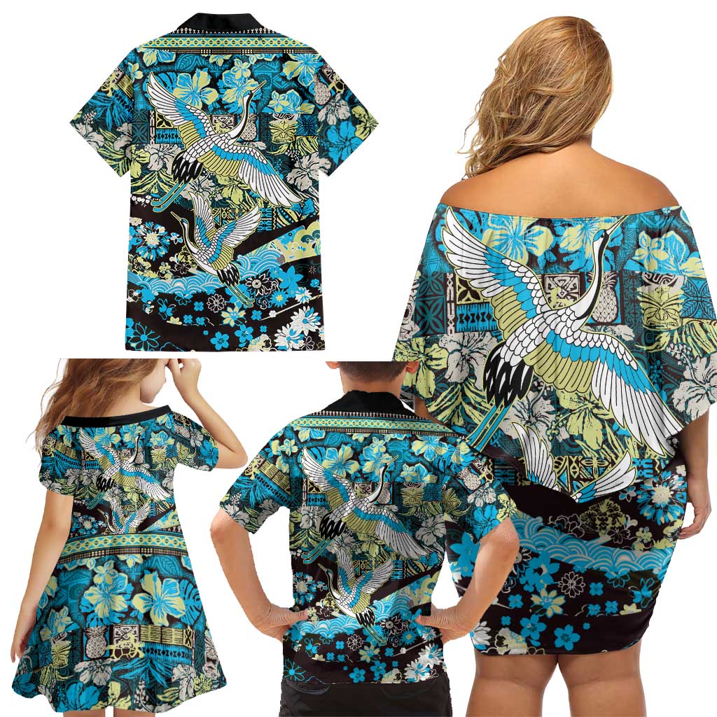 Japanese Hawaiian Crane Family Matching Off Shoulder Short Dress and Hawaiian Shirt Blue Tapa Patchwork Pattern LT9 - Polynesian Pride